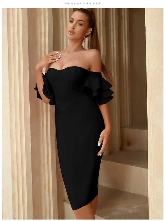 Olivia 2024 New Summer Women  Black Off Shoulder Bodycon Bandage Dress Sexy Butterfly Short Sleeve Hot Celebrity Runway Party Dress