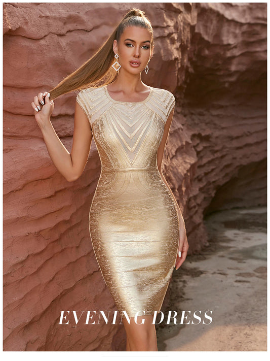 Olivia 2024 New Summer Gold Lace Bandage Dress Women Sexy Hollow Out Bodycon Club Celebrity Evening Runway Party Ladies Dresses