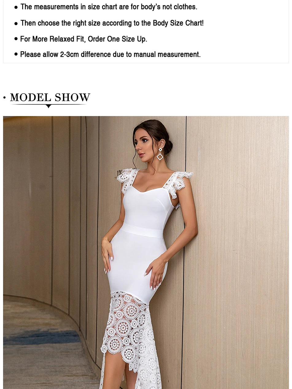 Olivia 2024 New Spaghetti Strap Lace Sleeveless Party Bandage Dress Sexy Women White Midi Bodycon Hot Celebrity Runway Club Dress