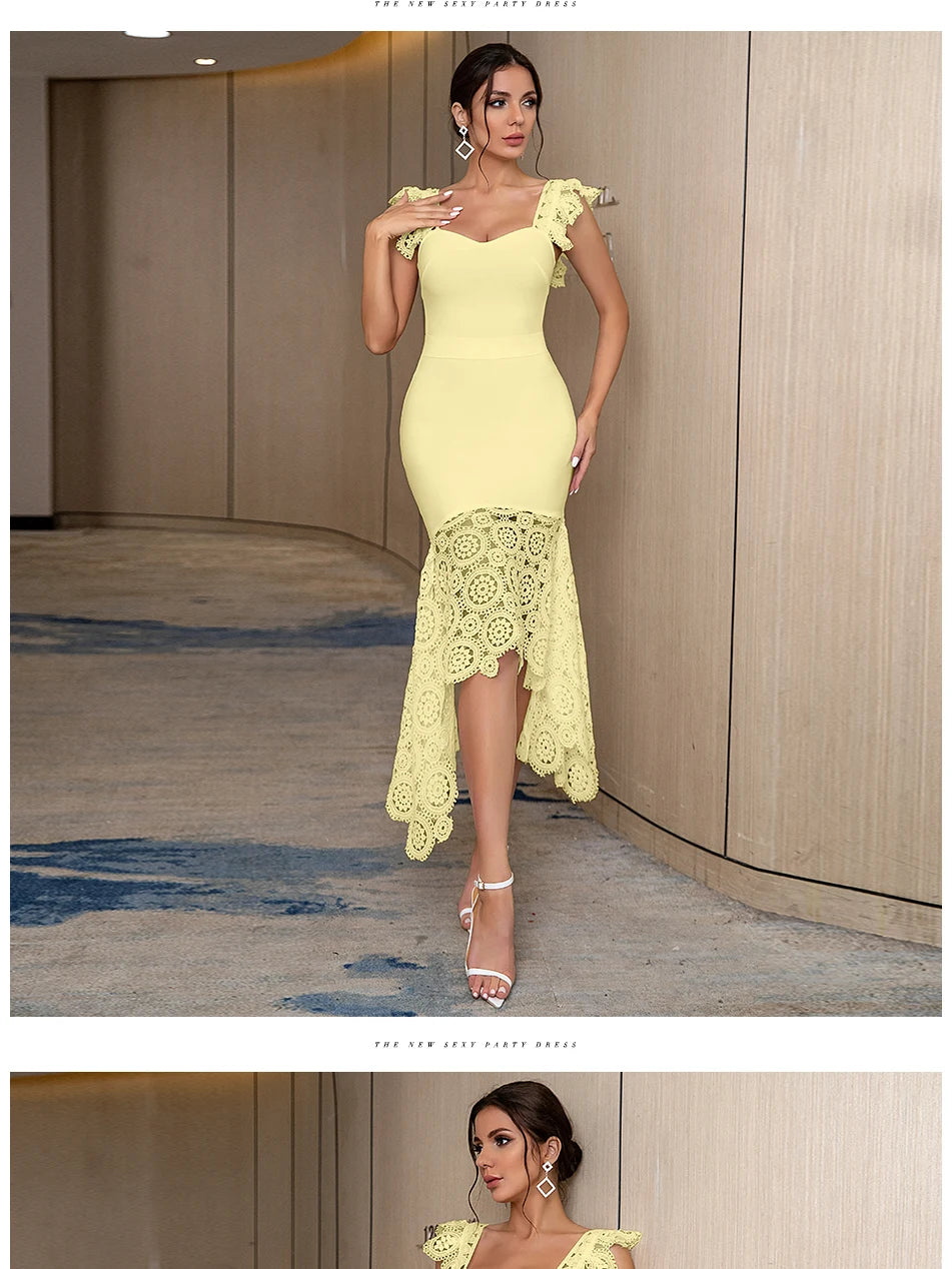 Olivia 2024 New Spaghetti Strap Lace Sleeveless Party Bandage Dress Sexy Women White Midi Bodycon Hot Celebrity Runway Club Dress