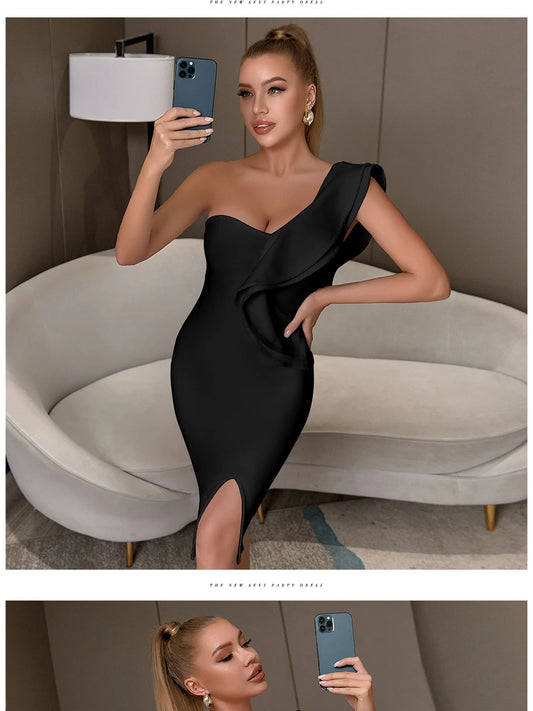 Olivia 2024 New Summer Women Bandage Dress Sexy One Shoulder Ruffles Bodycon Club Dresses Vestidos Celebrity Evening Party Dress